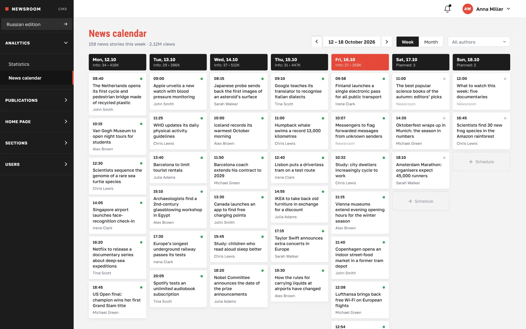 Weekly news calendar with stories by day