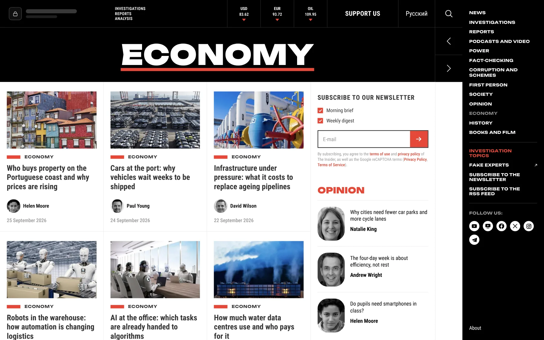 Economy section: story cards, newsletter sign-up and opinion