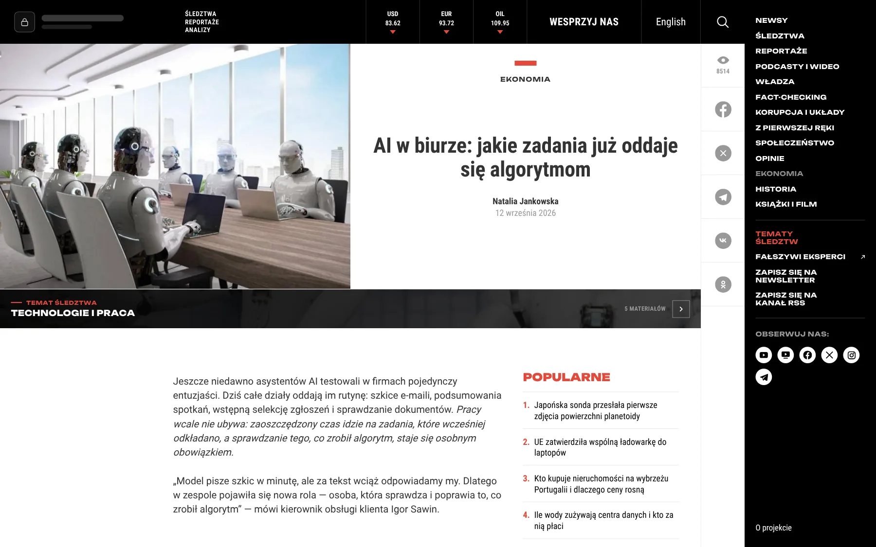 Artykuł z paskiem tematu śledztwa, licznikiem wyświetleń i blokiem Popularne