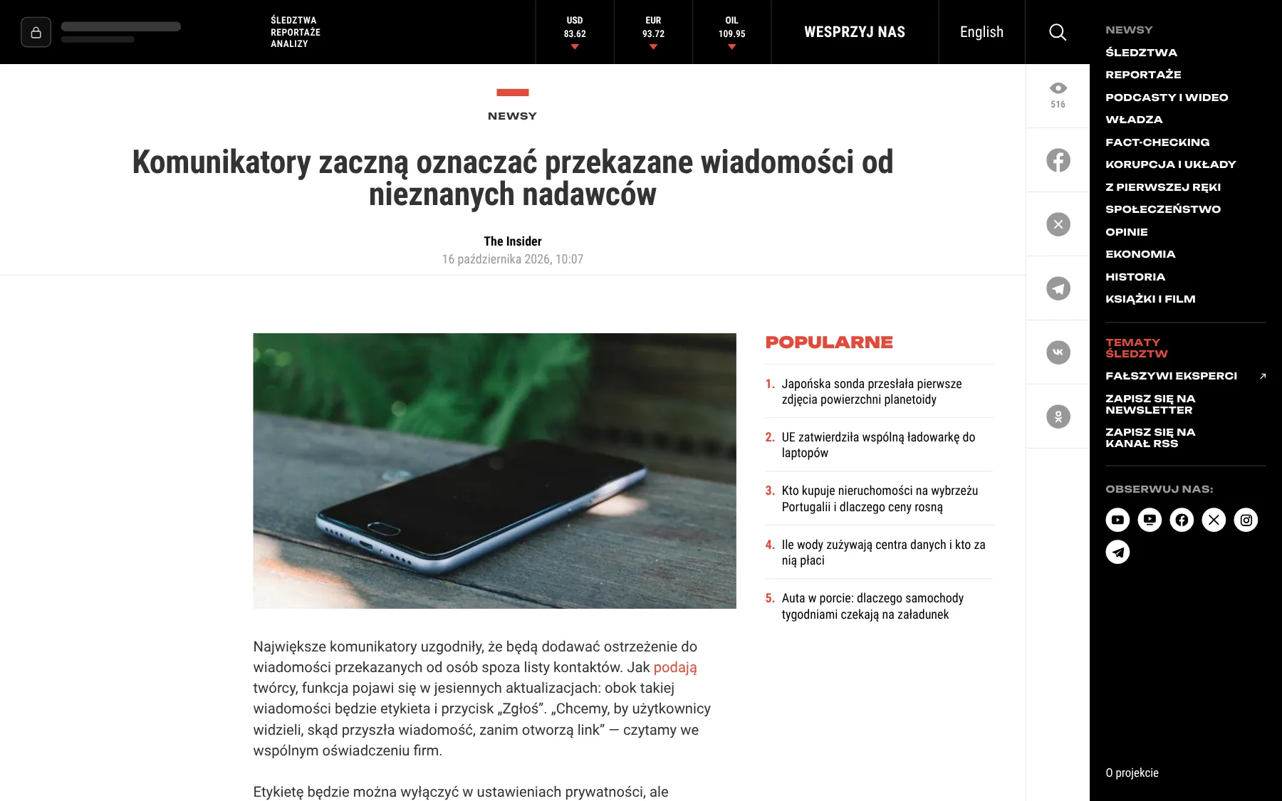 Strona newsa z ilustracją i blokiem Popularne