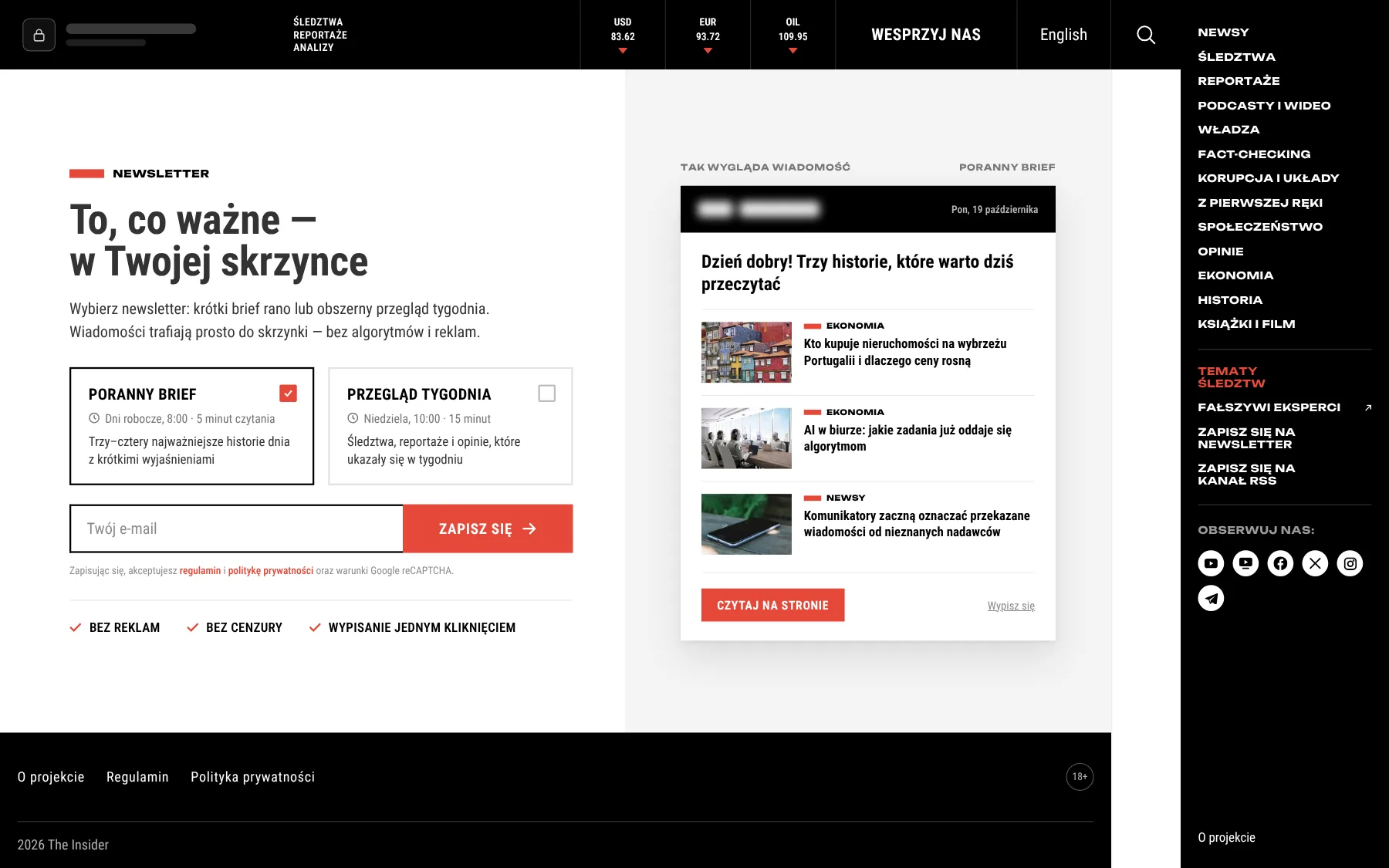 Strona newslettera: wybór, formularz i przykładowy e-mail