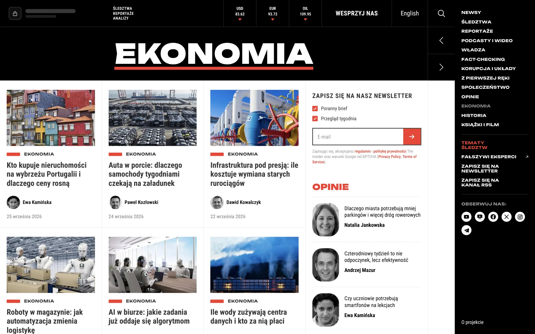Dział Ekonomia: karty materiałów, newsletter i opinie