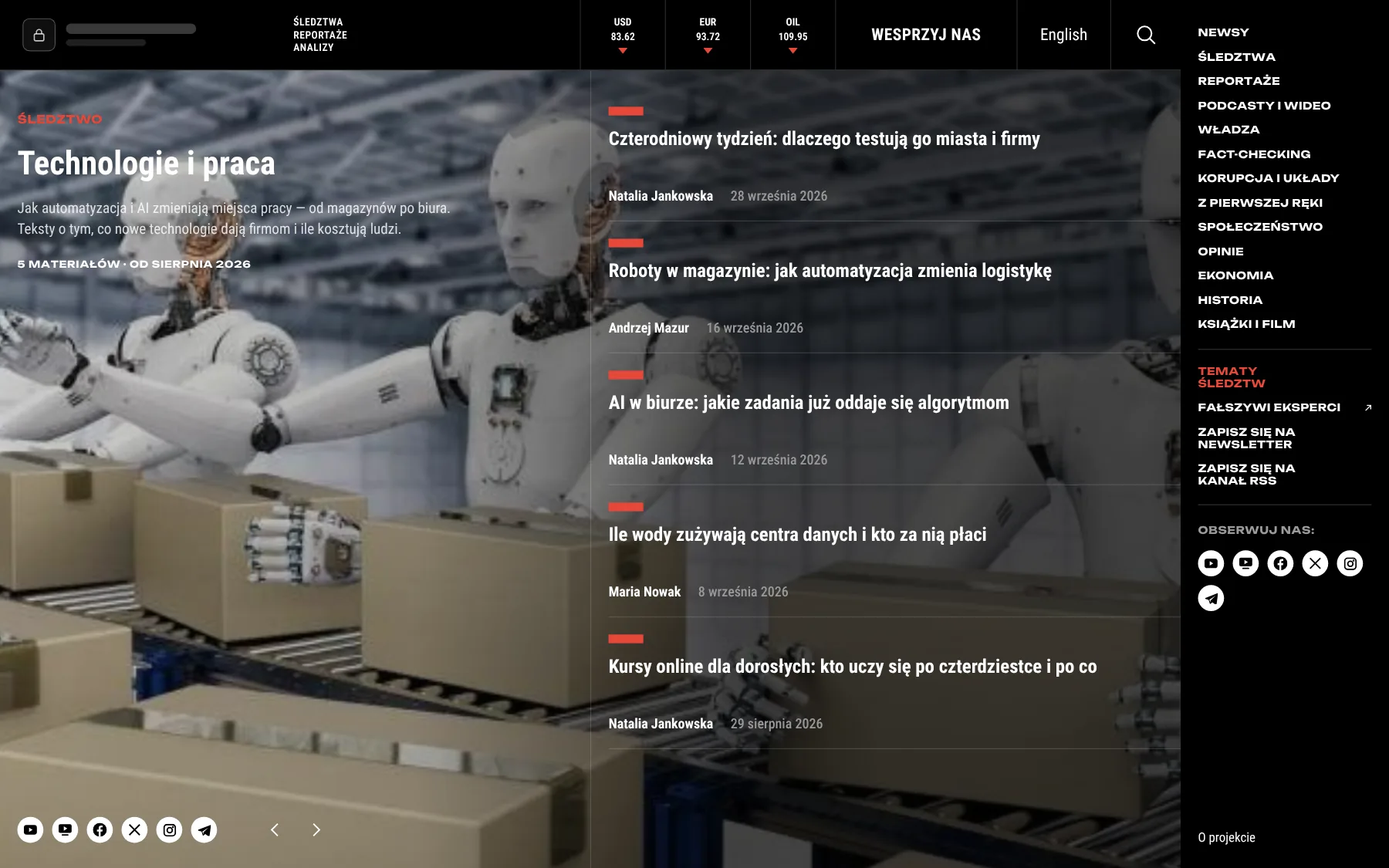 Strona tematu śledztw z listą materiałów