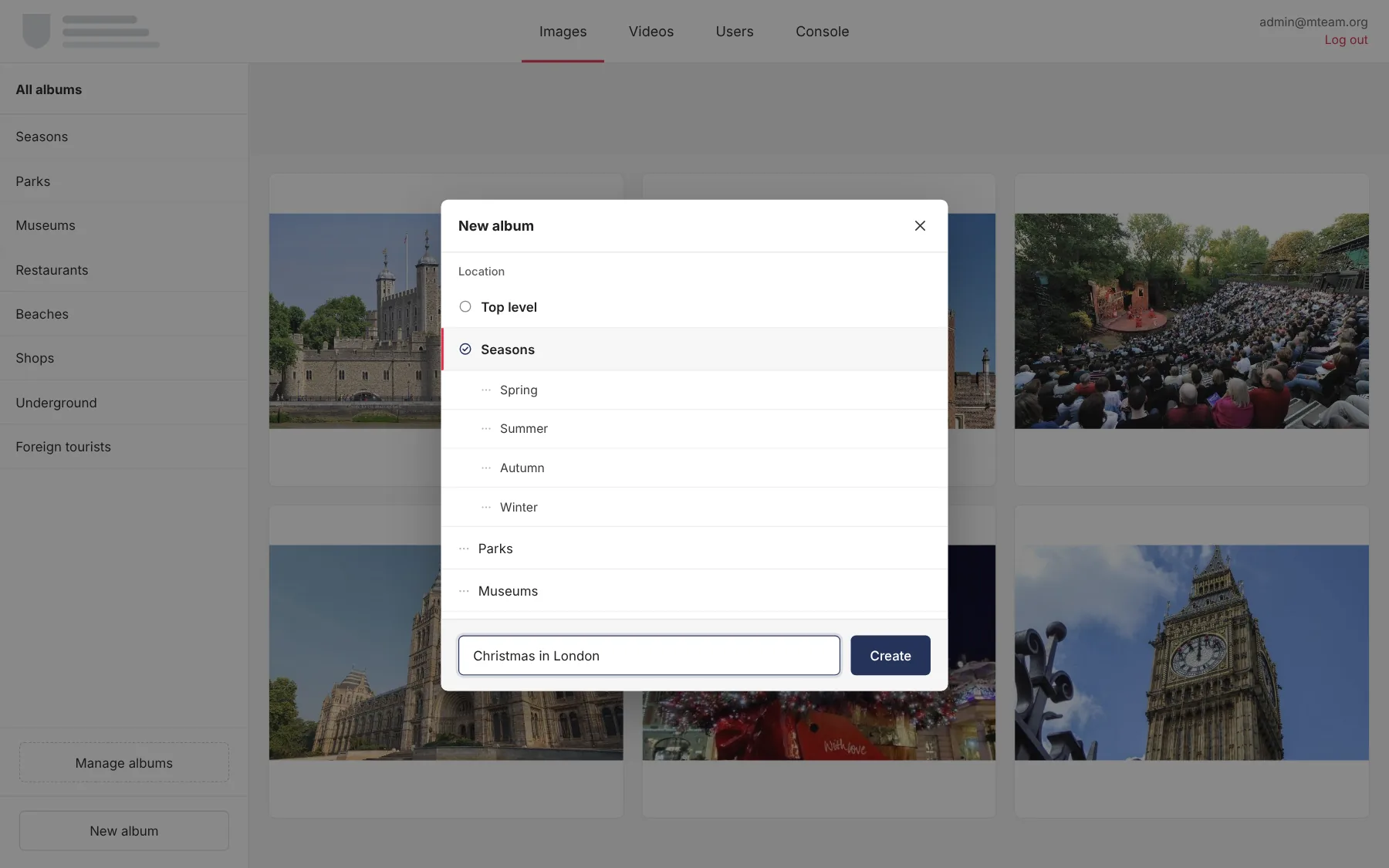 New album dialog with a parent section picker