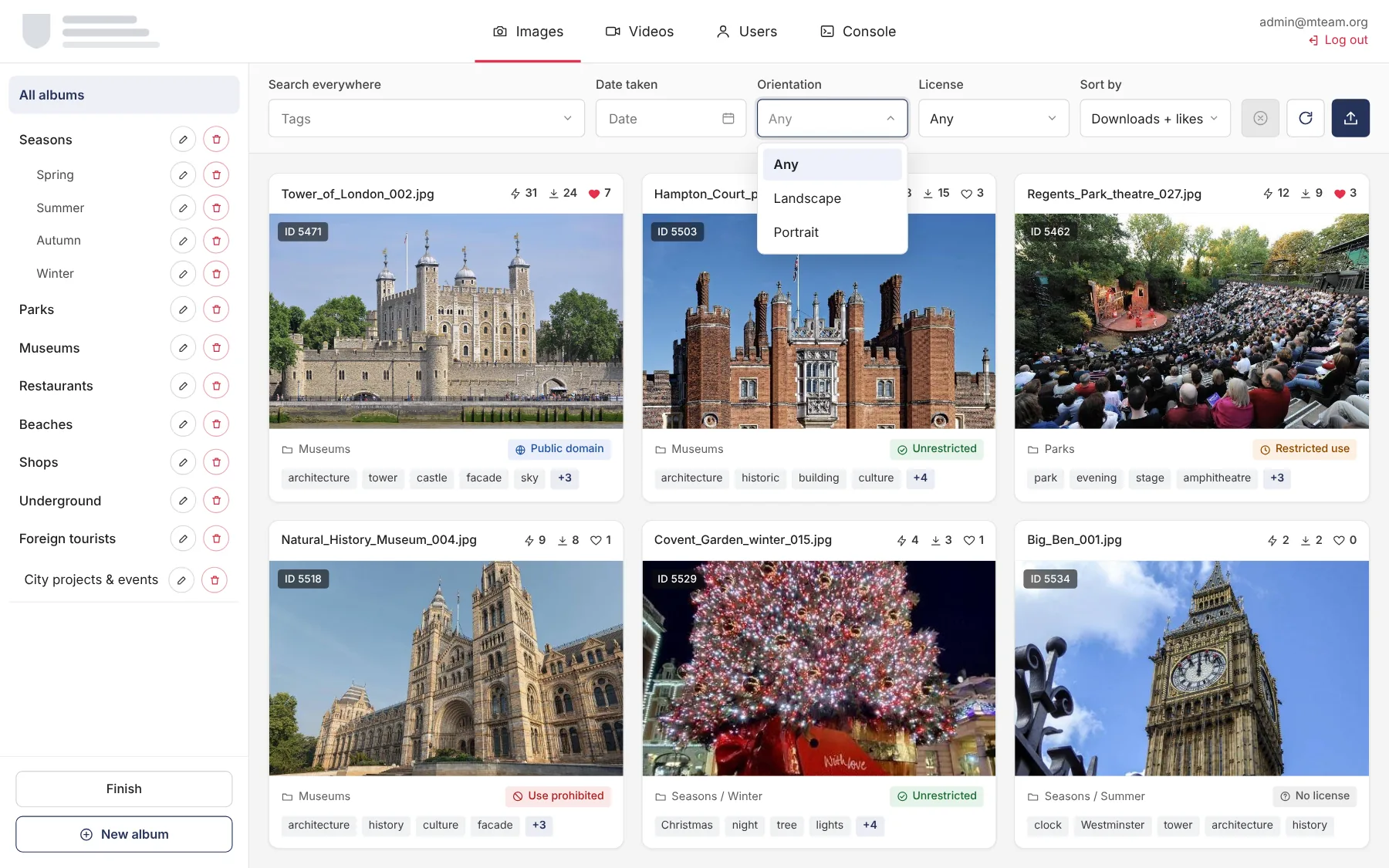Album sidebar in edit mode and the orientation filter