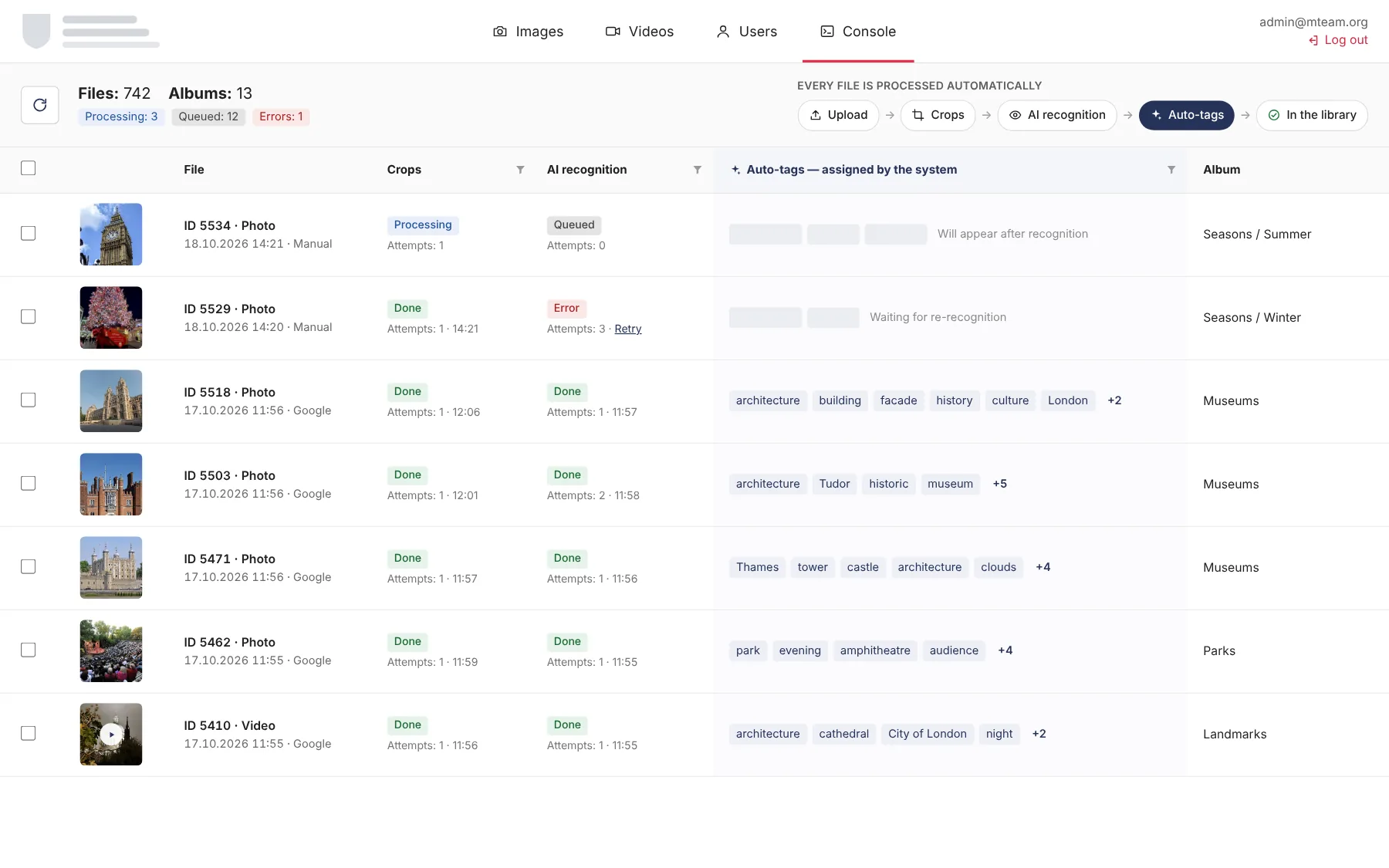Processing console: crop and recognition statuses and auto-tags