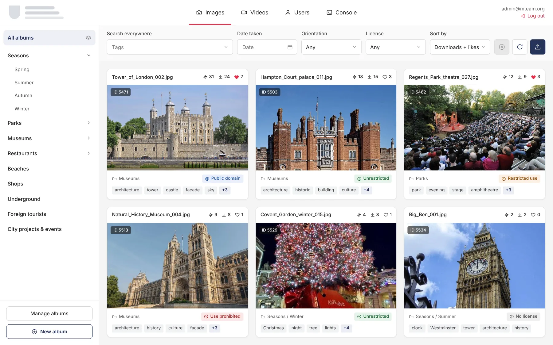 Photo library: sections, filters and photo cards with licenses and tags