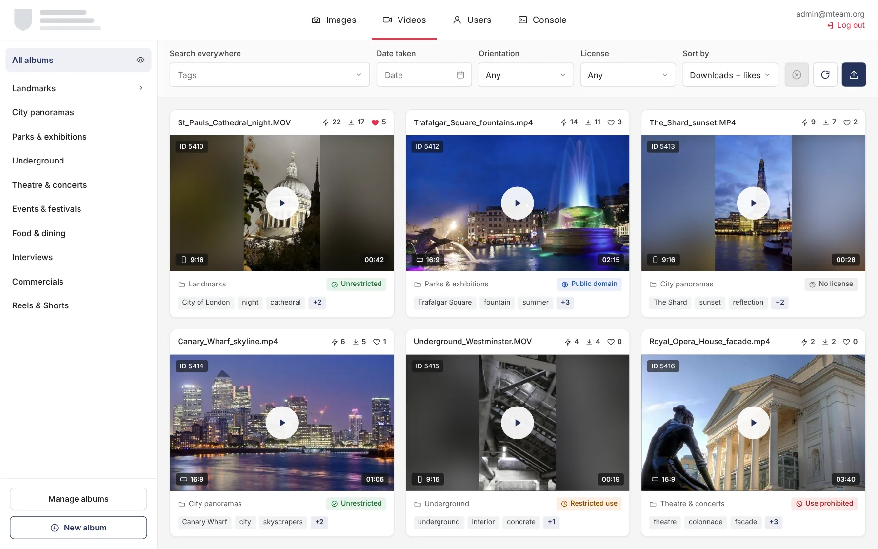 Video section: themed albums and previews with orientation and length