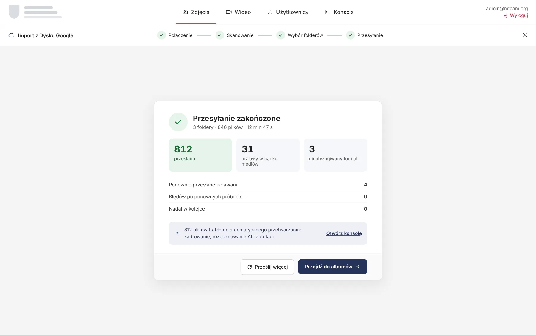 Podsumowanie importu: przesłane, już w banku, błędy