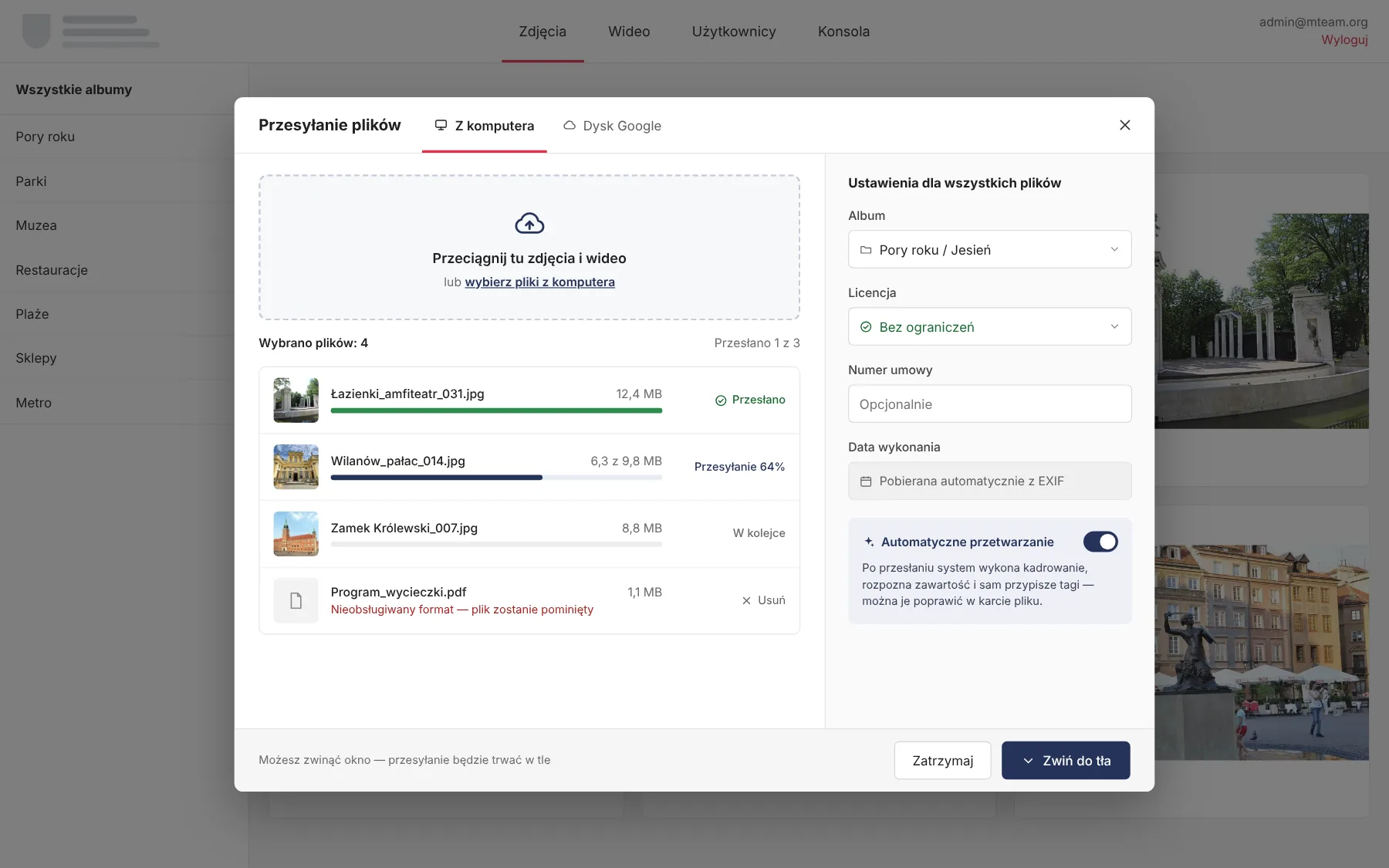 Okno przesyłania z postępem każdego pliku i ustawieniami dla wszystkich plików