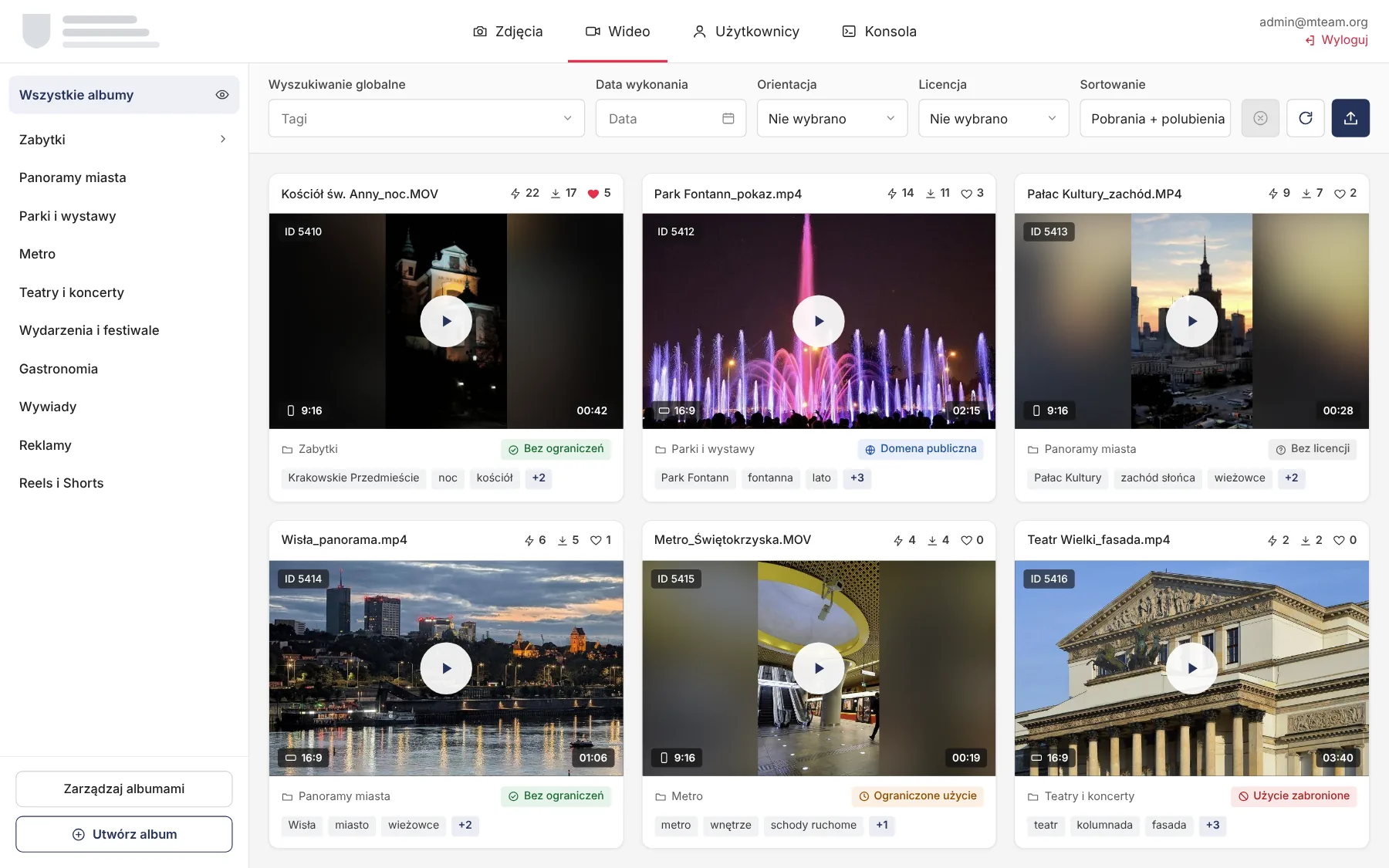 Sekcja wideo: albumy tematyczne i podglądy z orientacją i długością