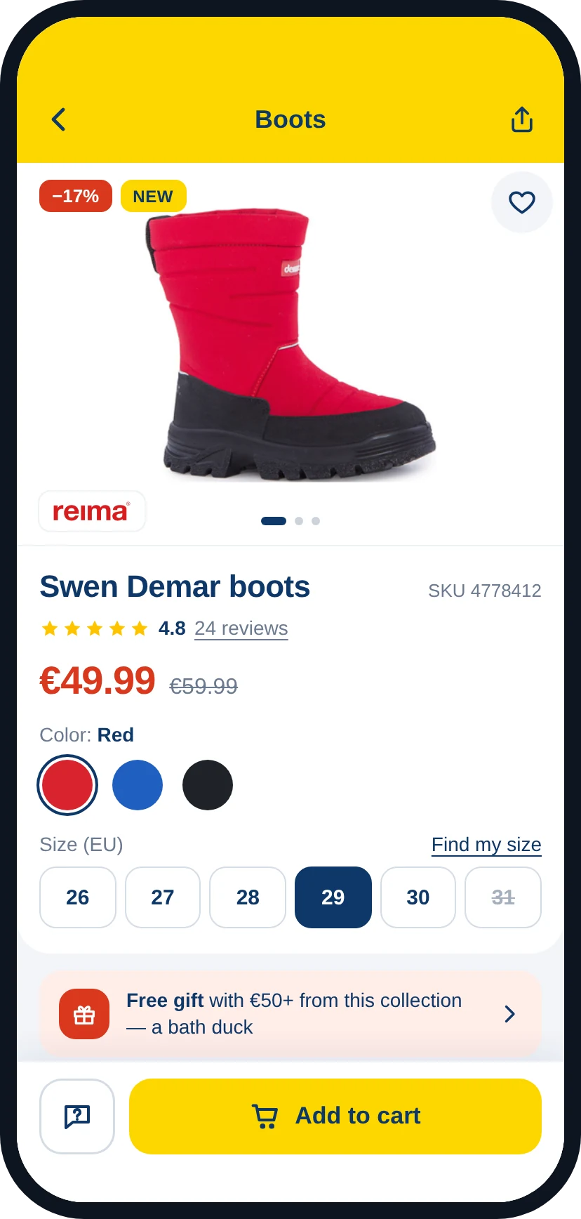 Product page, reviews and size finder based on the child’s measurements