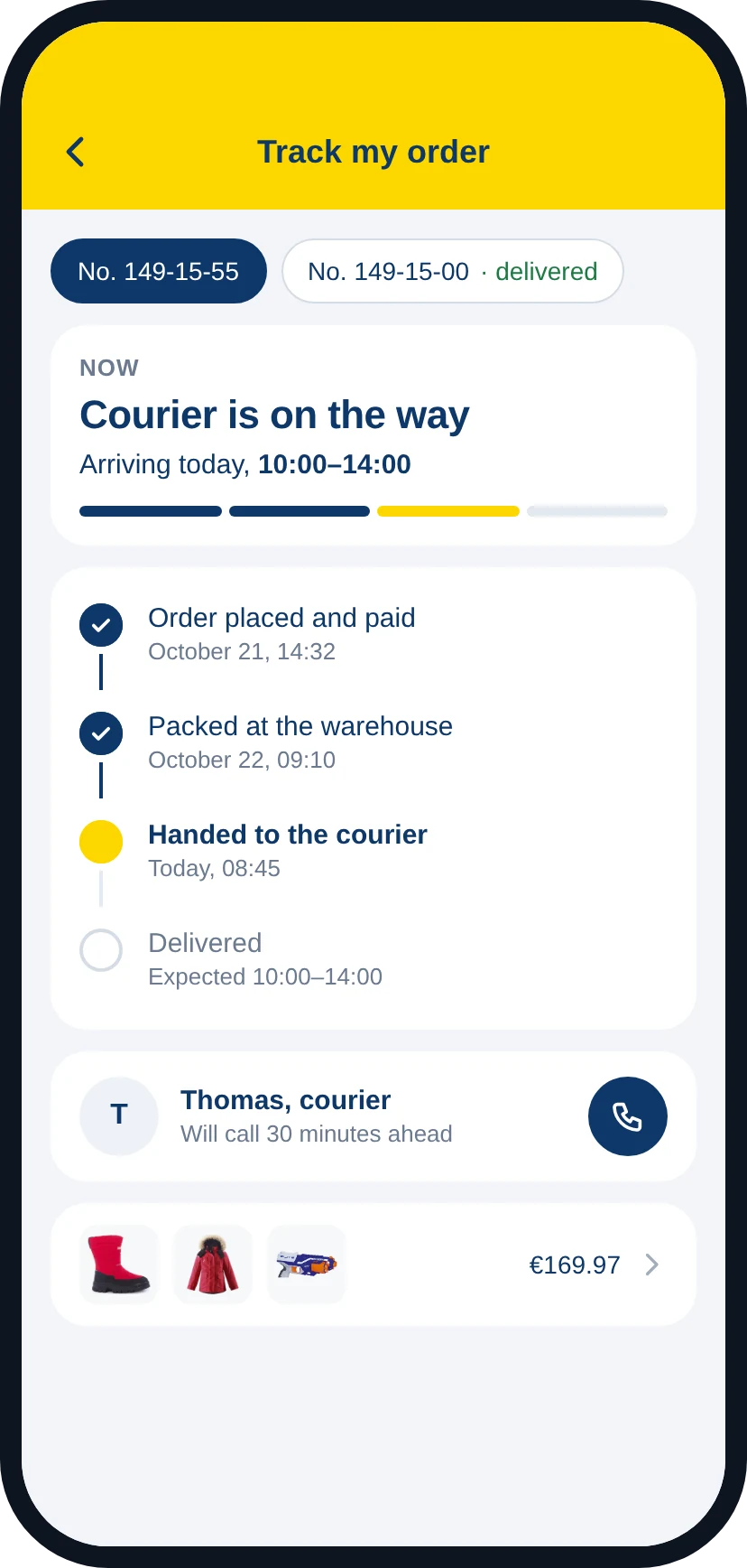 Order tracking, order history and delivered order details