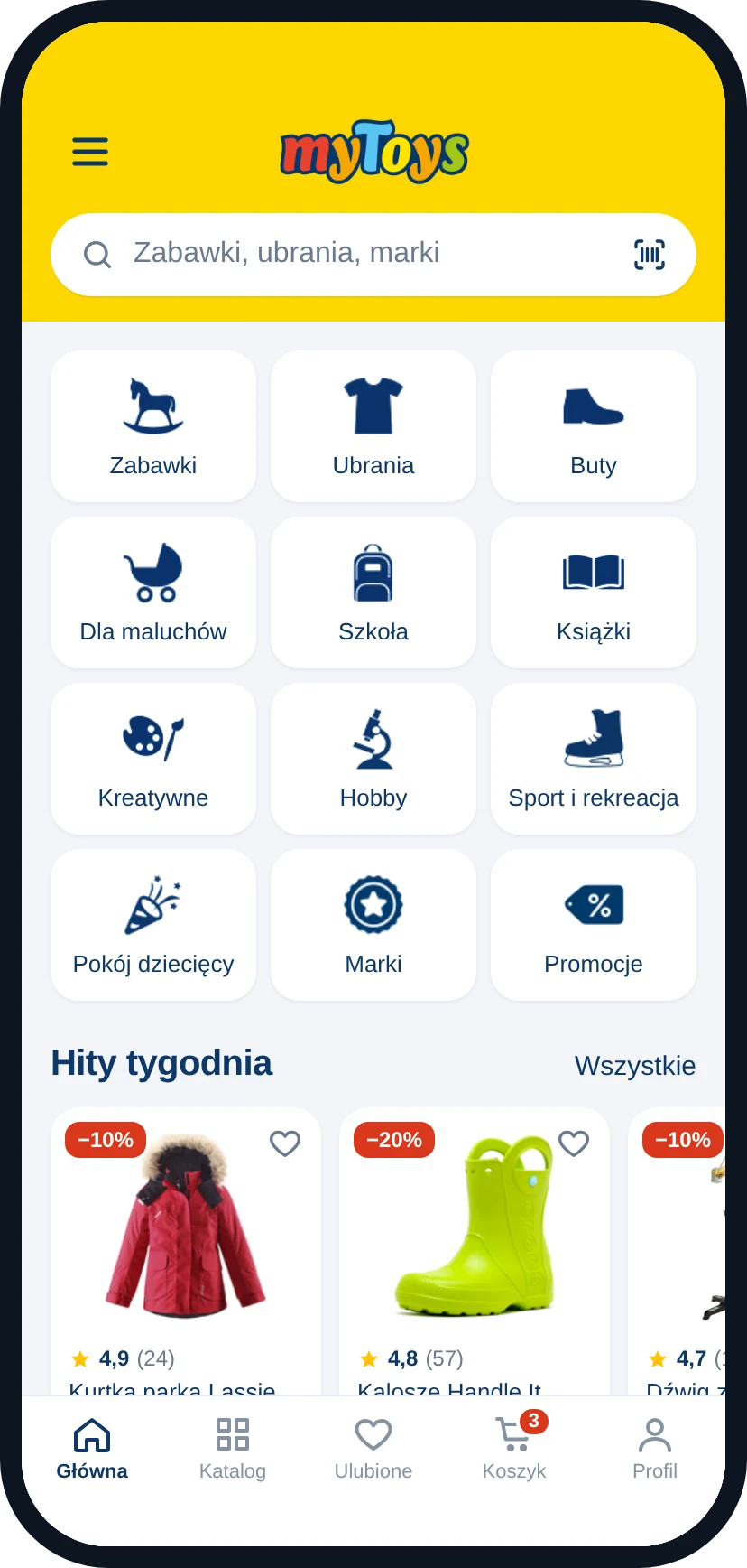 Strona główna, katalog i filtry z danymi z profilu dziecka
