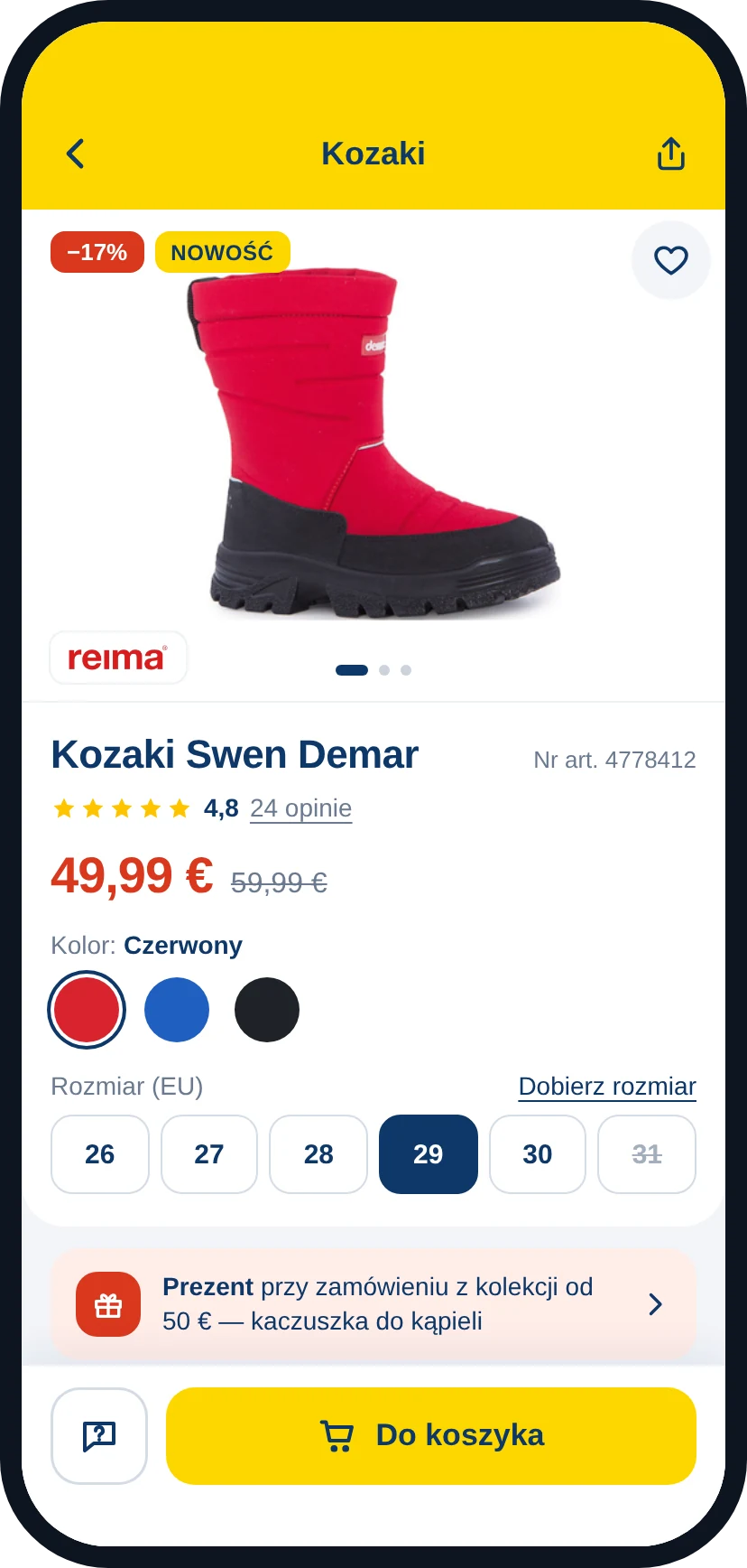 Karta produktu, opinie i dobór rozmiaru według wymiarów dziecka