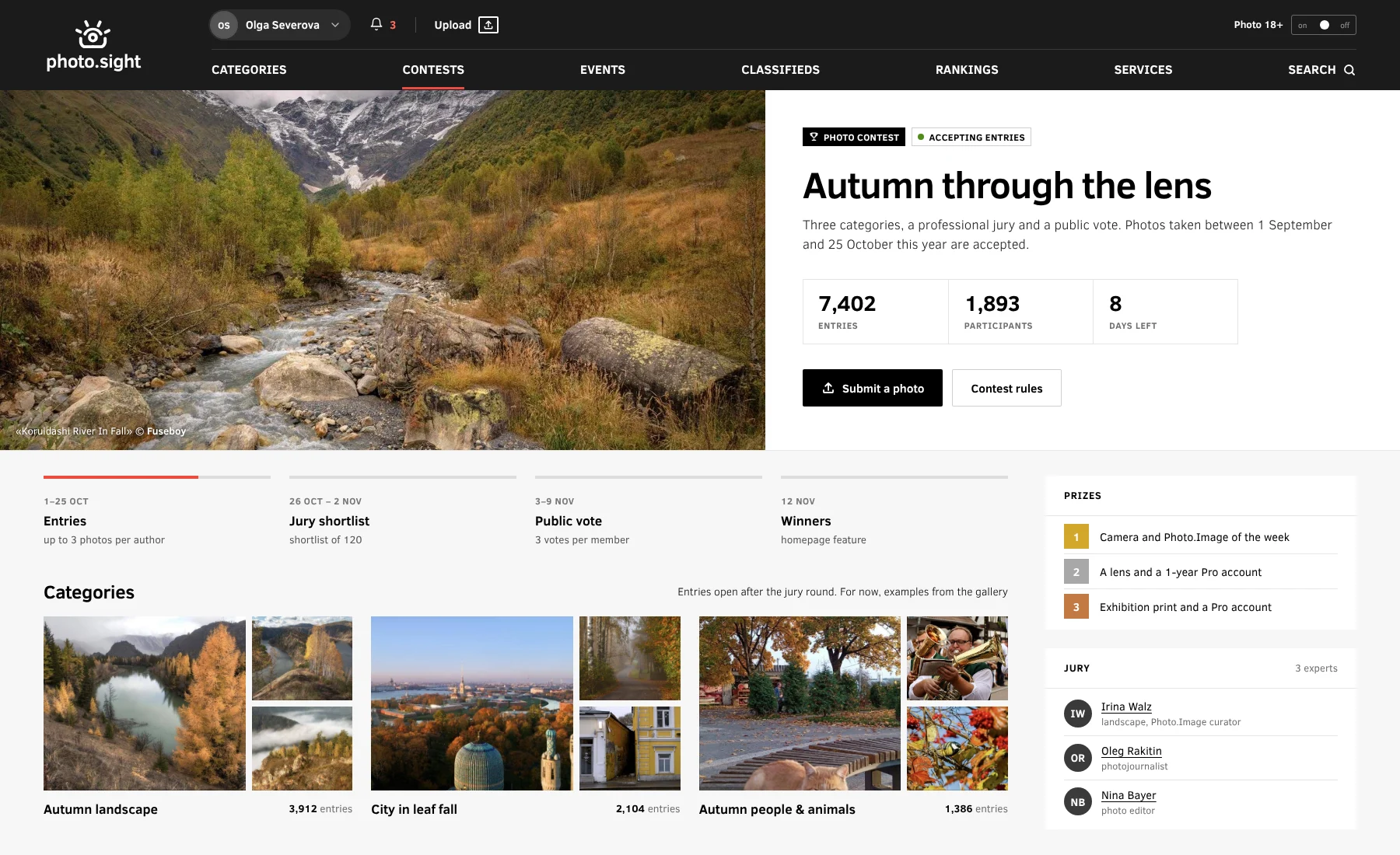 Photo contest page with stages, categories, prizes and jury