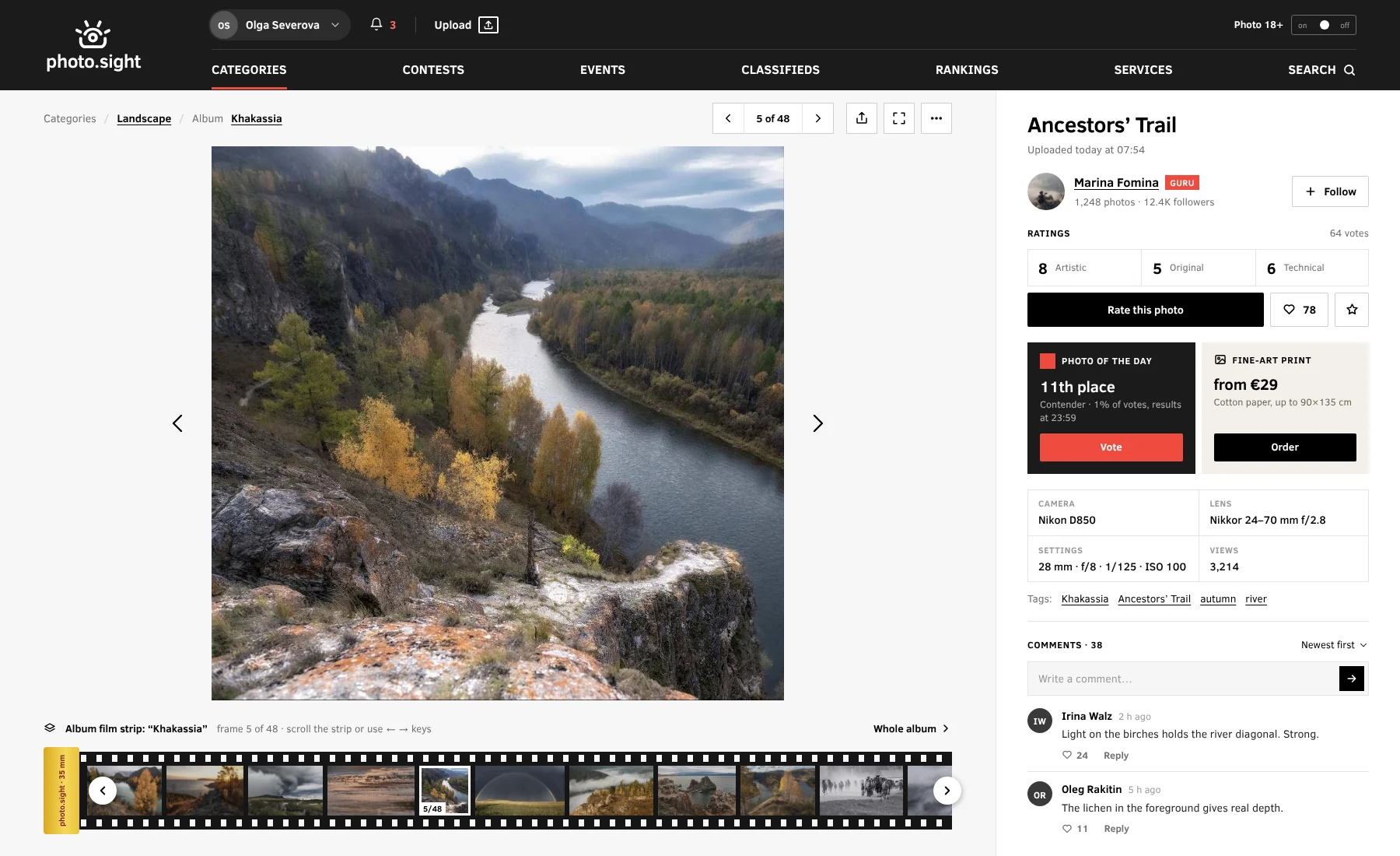 Photo page with the author’s film strip, scores and EXIF