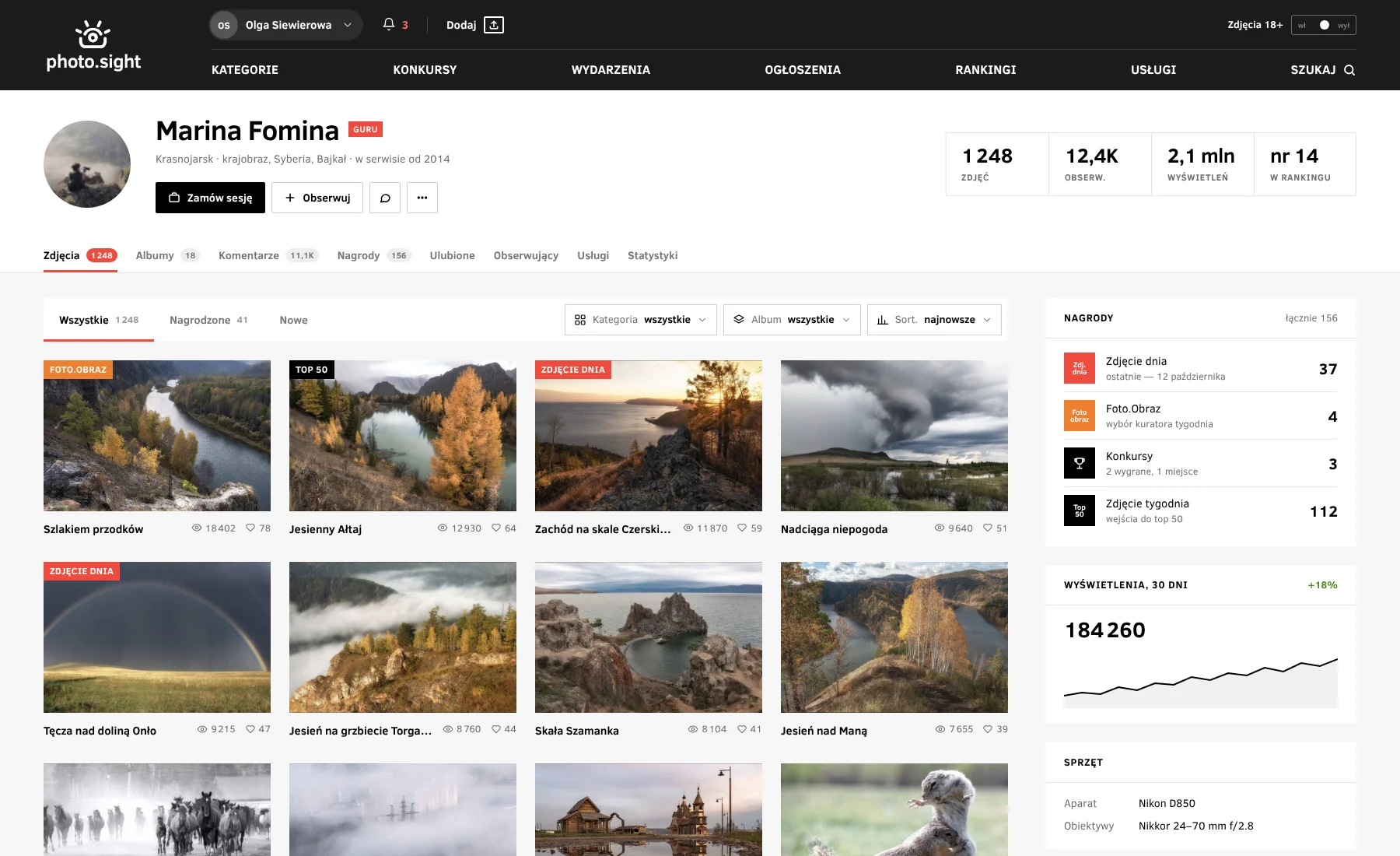 Profil autora z portfolio, nagrodami i statystyką wyświetleń