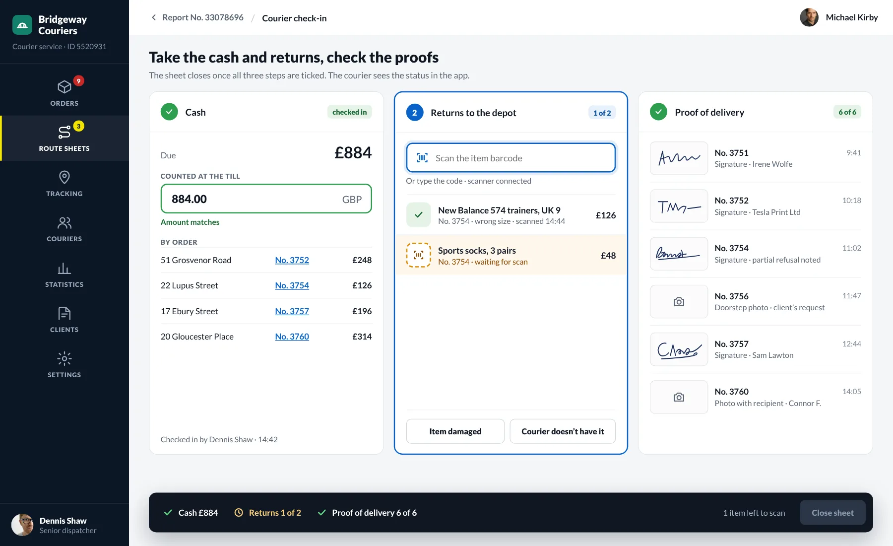 Courier check-in: counting the cash, scanning returns, checking signatures
