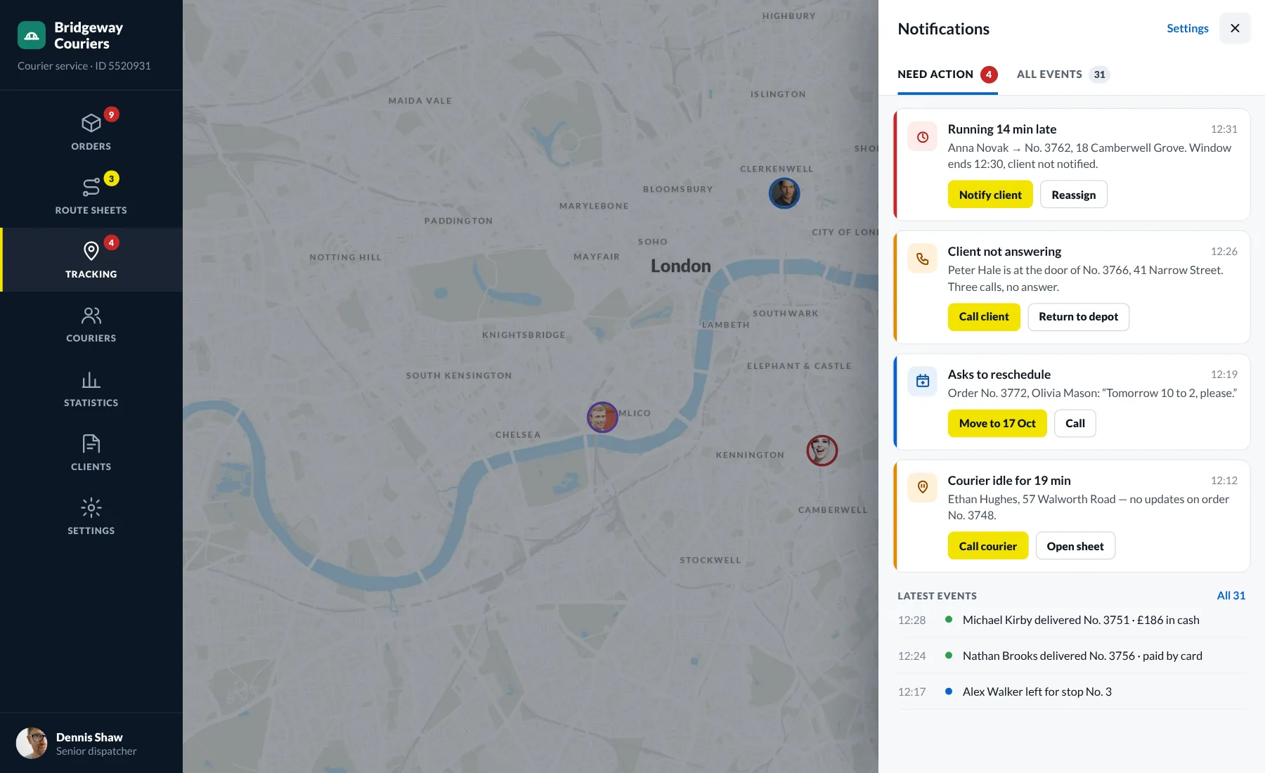 Dispatcher notifications: delays and client requests with action buttons