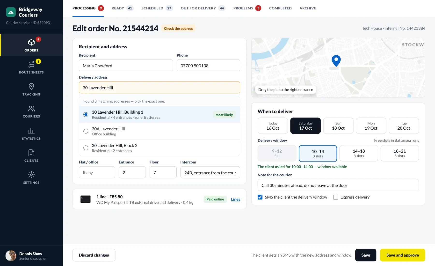 Editing an order: picking the exact address on the map and a delivery window