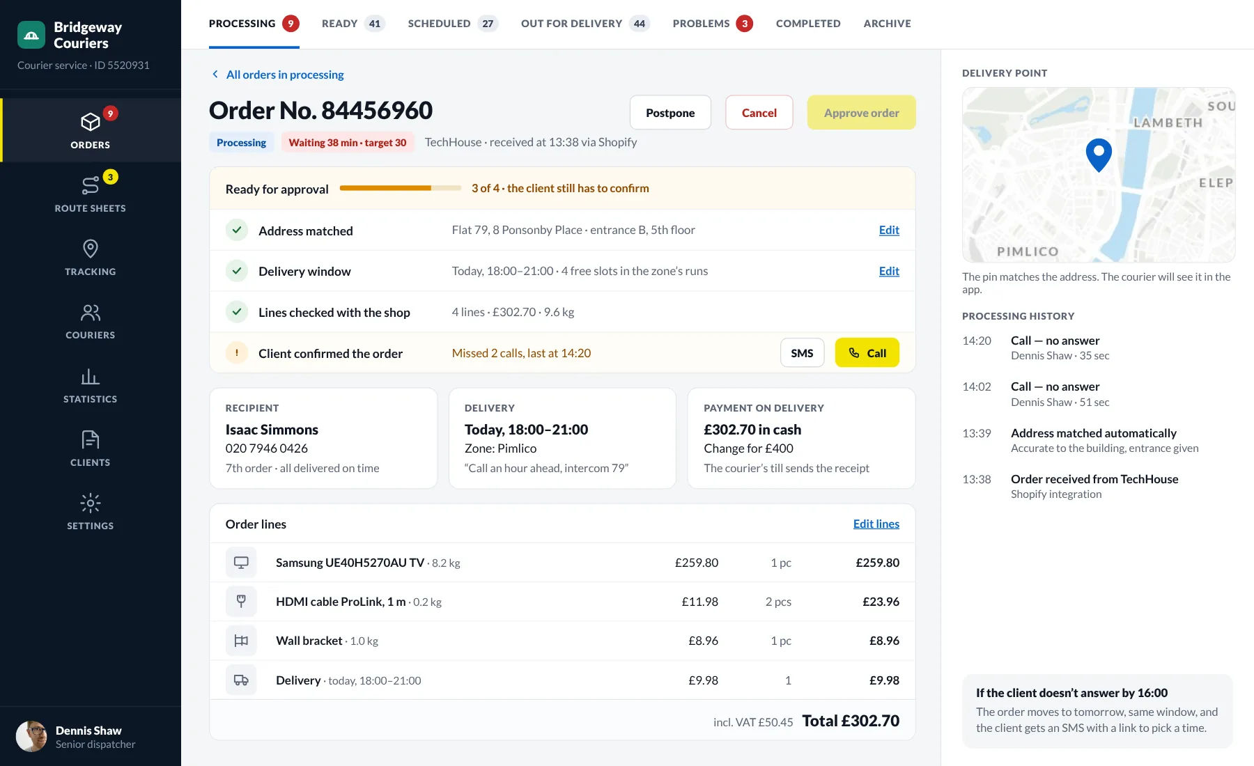 Order card with a readiness checklist, items and call history