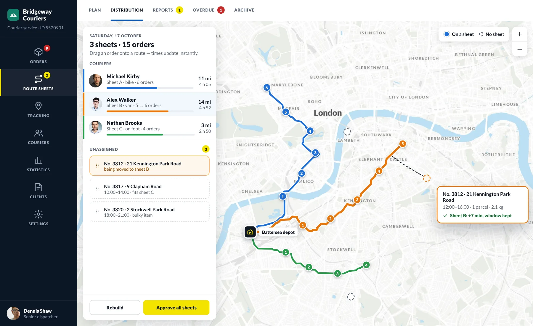 Adjusting routes on the map: an order is dragged onto a courier’s route