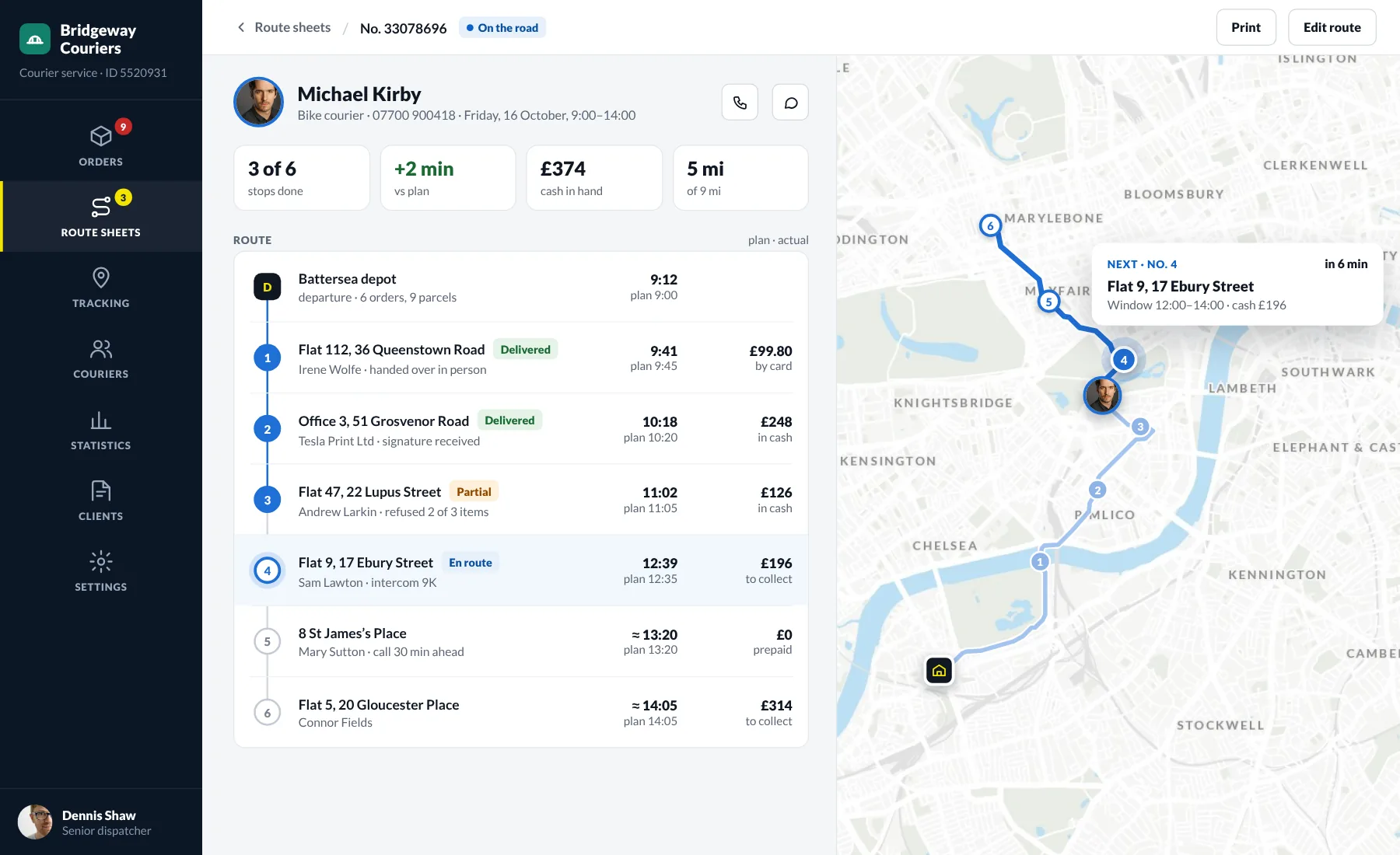 Route sheet on the road: stops with planned and actual times and payments