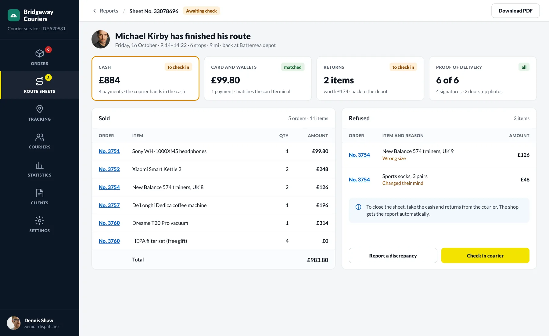 Courier report: cash, card payments, returns and proof of delivery