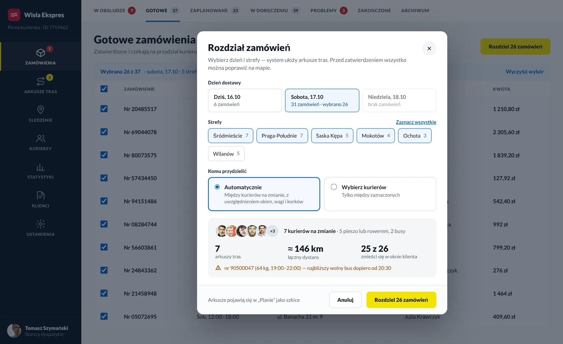 Okno automatycznego rozdziału: dzień, strefy i prognoza tras