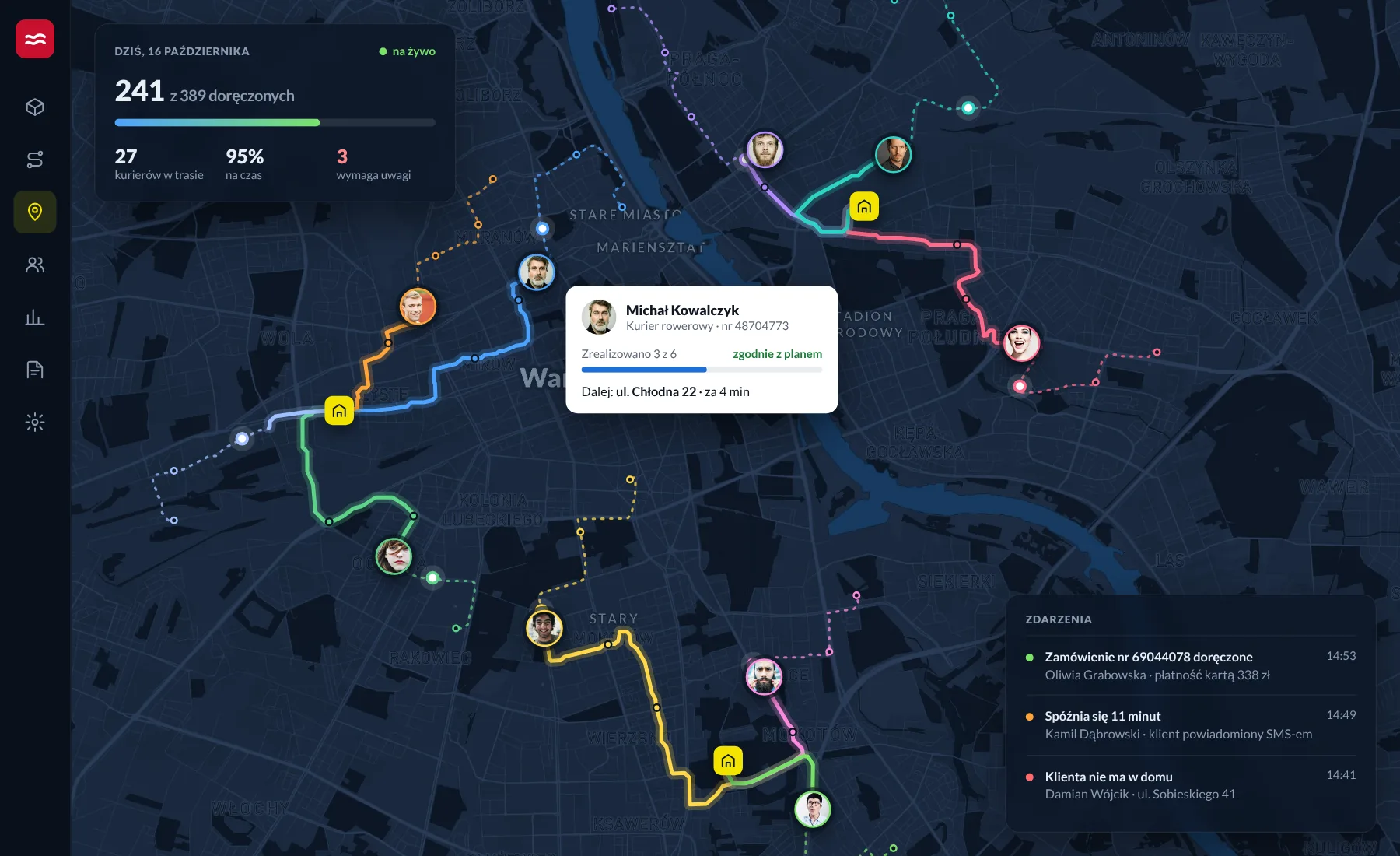 Mapa Warszawy ze wszystkimi kurierami w trasie, ich trasami i dzisiejszymi zdarzeniami
