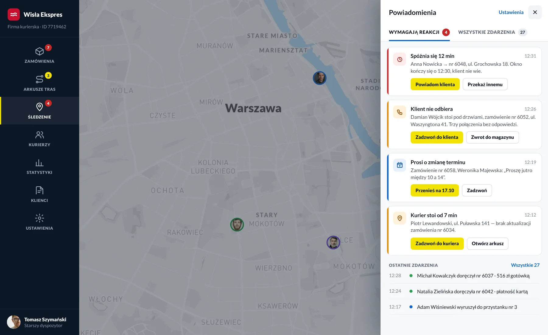 Powiadomienia dyspozytora: spóźnienia i prośby klientów z przyciskami działań
