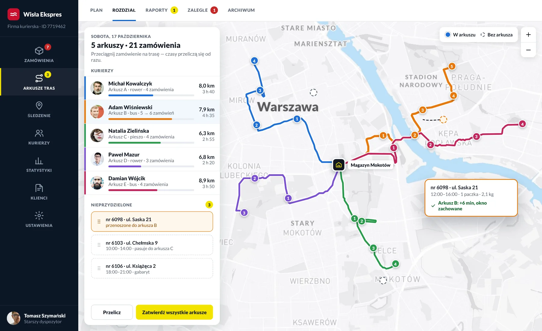 Korekta tras na mapie Warszawy: zamówienie przeciągnięte na trasę kuriera