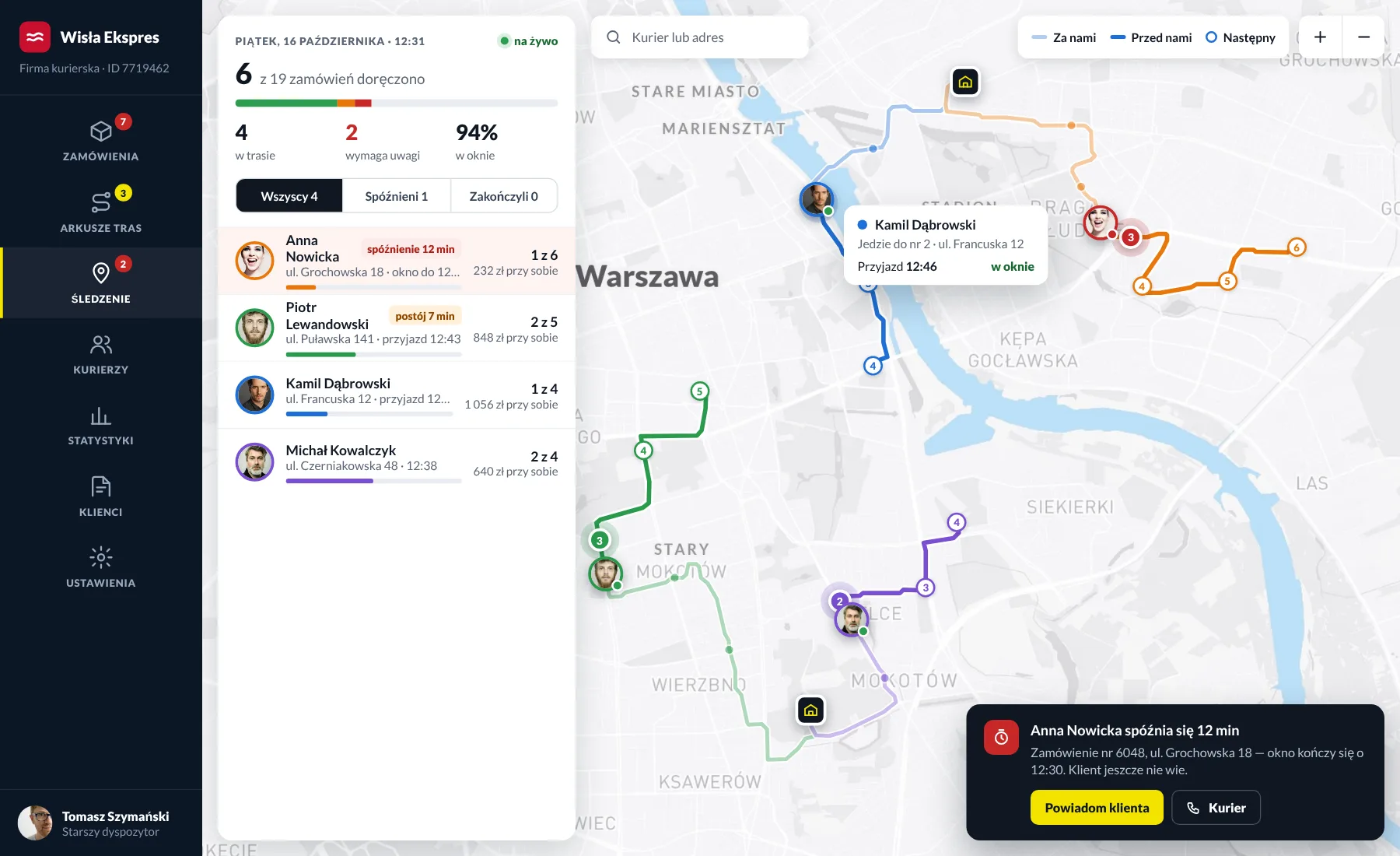 Mapa śledzenia na żywo: przejechane i pozostałe odcinki, kurierzy i spóźnienia