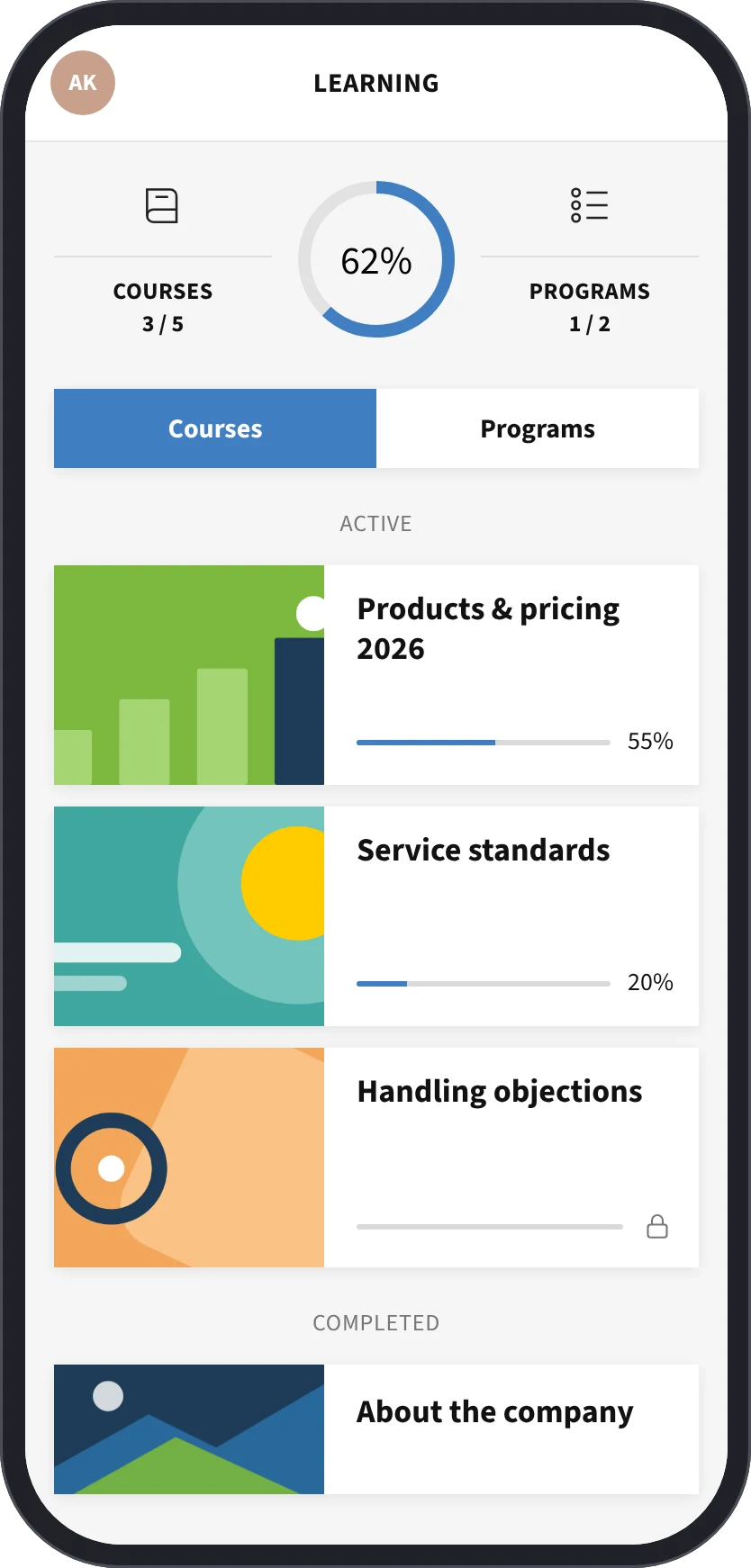 Mobile app: courses, programs and a program page