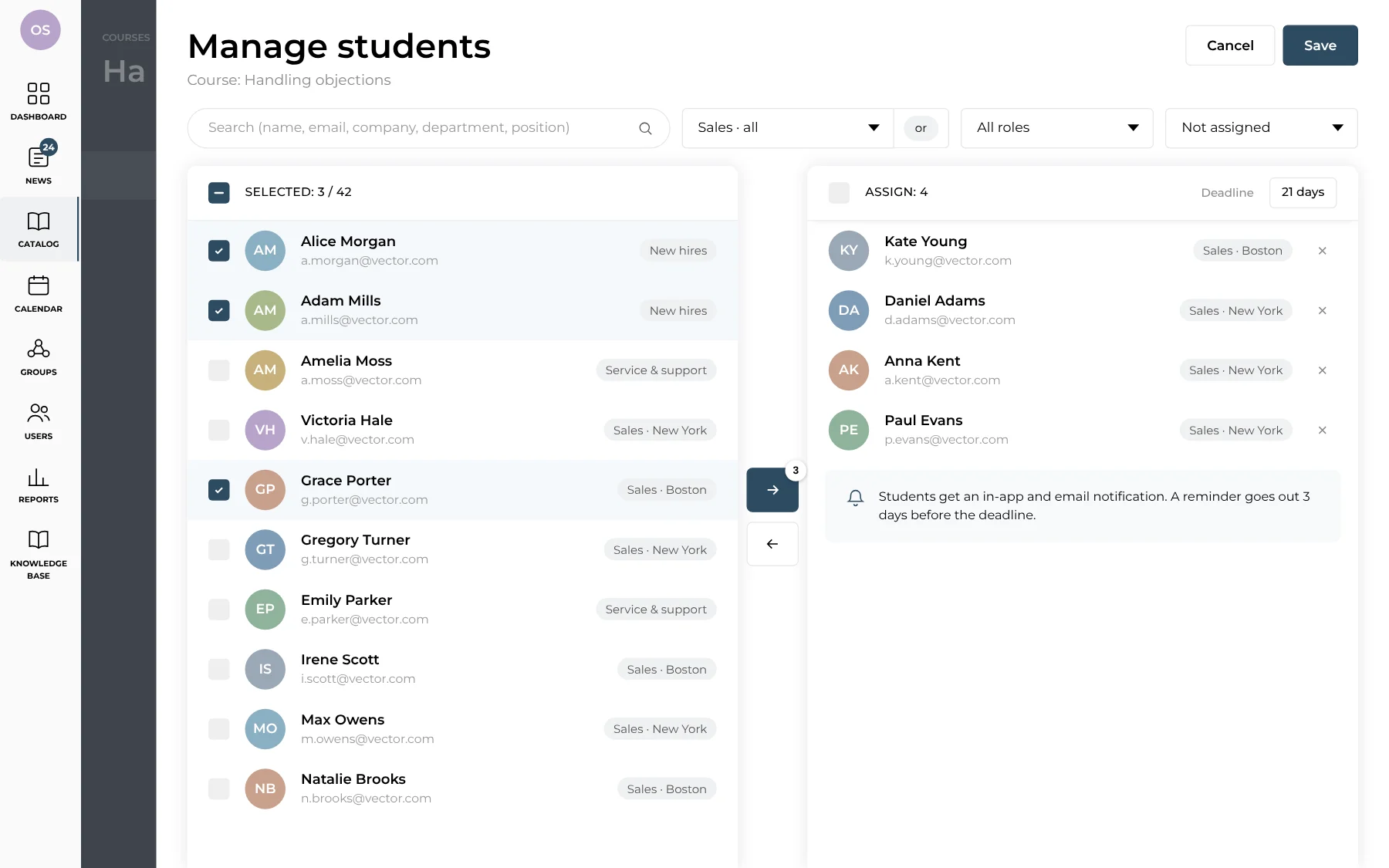 Assigning students to a course: picking employees and the list of assignees