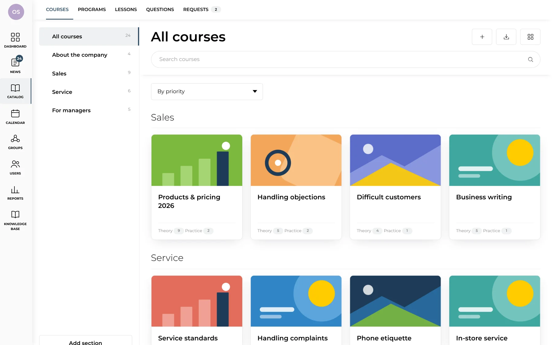 Course catalog with sections and course cards