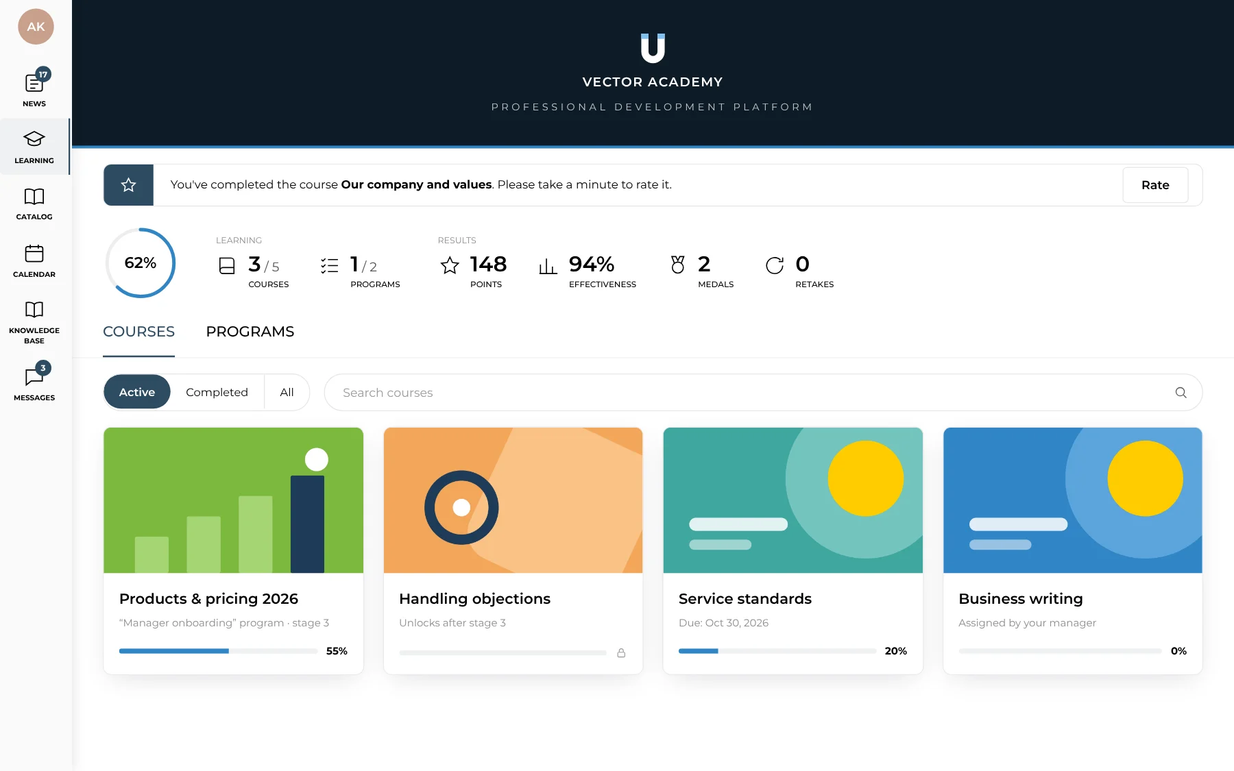 Student's Learning section: progress, courses and programs