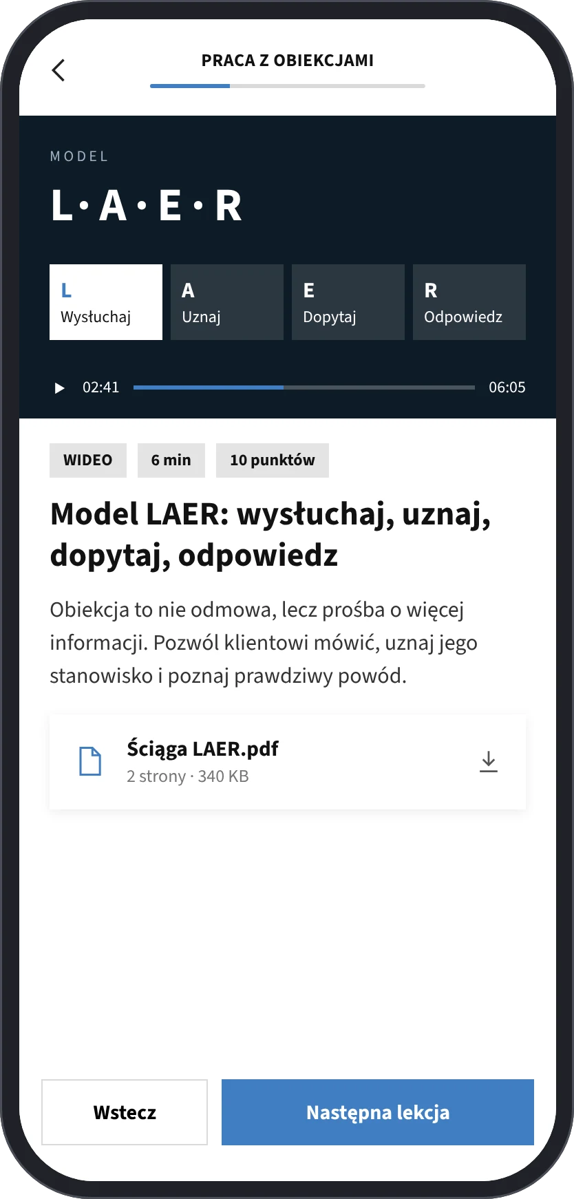 Aplikacja mobilna: lekcja, test i zadanie z komentarzem trenera