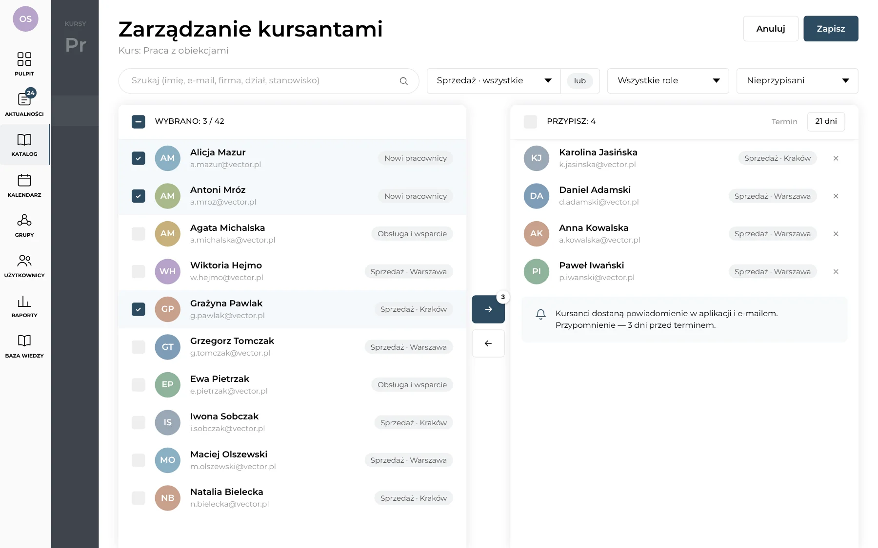 Przypisywanie kursantów do kursu: wybór pracowników i lista przypisanych