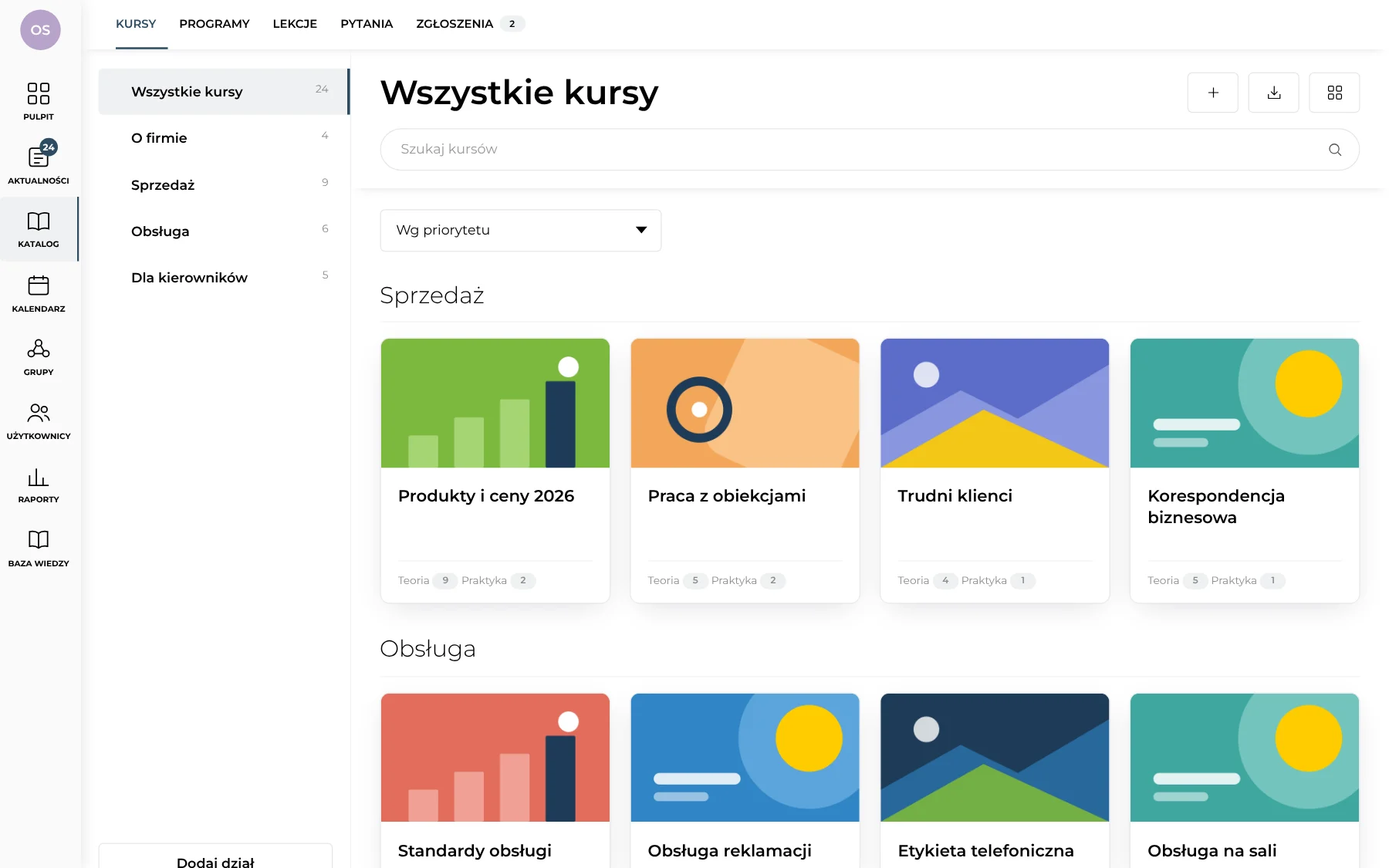 Katalog kursów z działami i kartami kursów